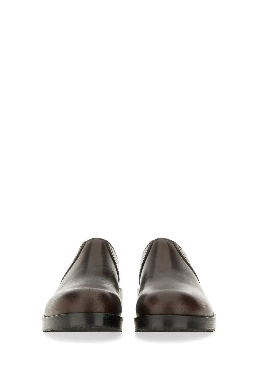 Dries Van Noten men’s leather clogs in dark brown with sleek minimalist design and black rubber soles