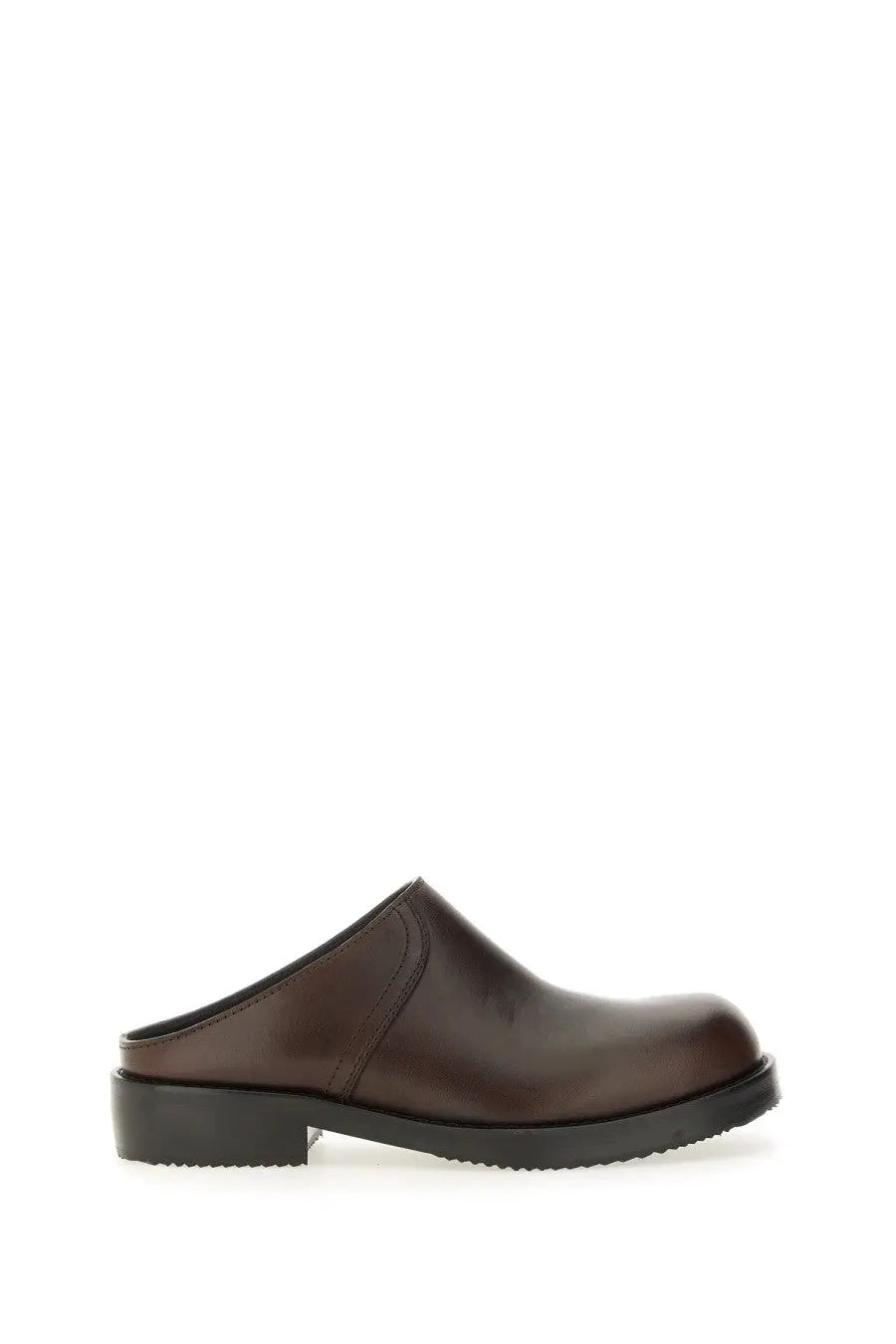 Dries Van Noten men’s brown leather mule clogs with low block heel and stitched detailing
