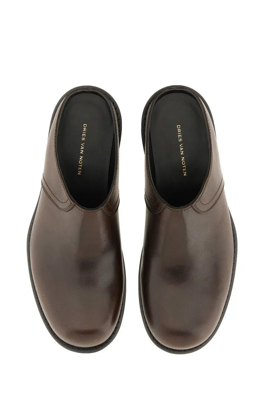 Brown leather mules by dries van noten for men featuring smooth leather and slip-on clog design