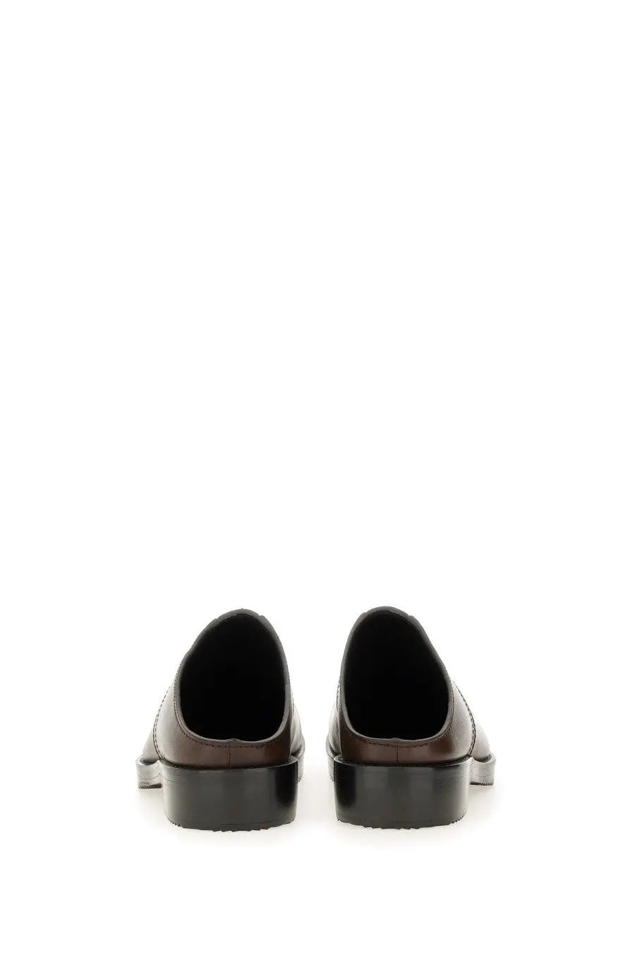 Dries Van Noten men’s brown leather mules with glossy finish and black rubber soles front view