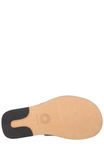 Tan leather sole with black rubber heel and stitched edges on dries van noten men’s leather sandal black with embossed logo