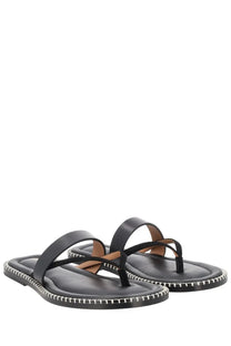 Dries Van Noten men’s black leather thong sandals with minimalist design and white stitching along the edges