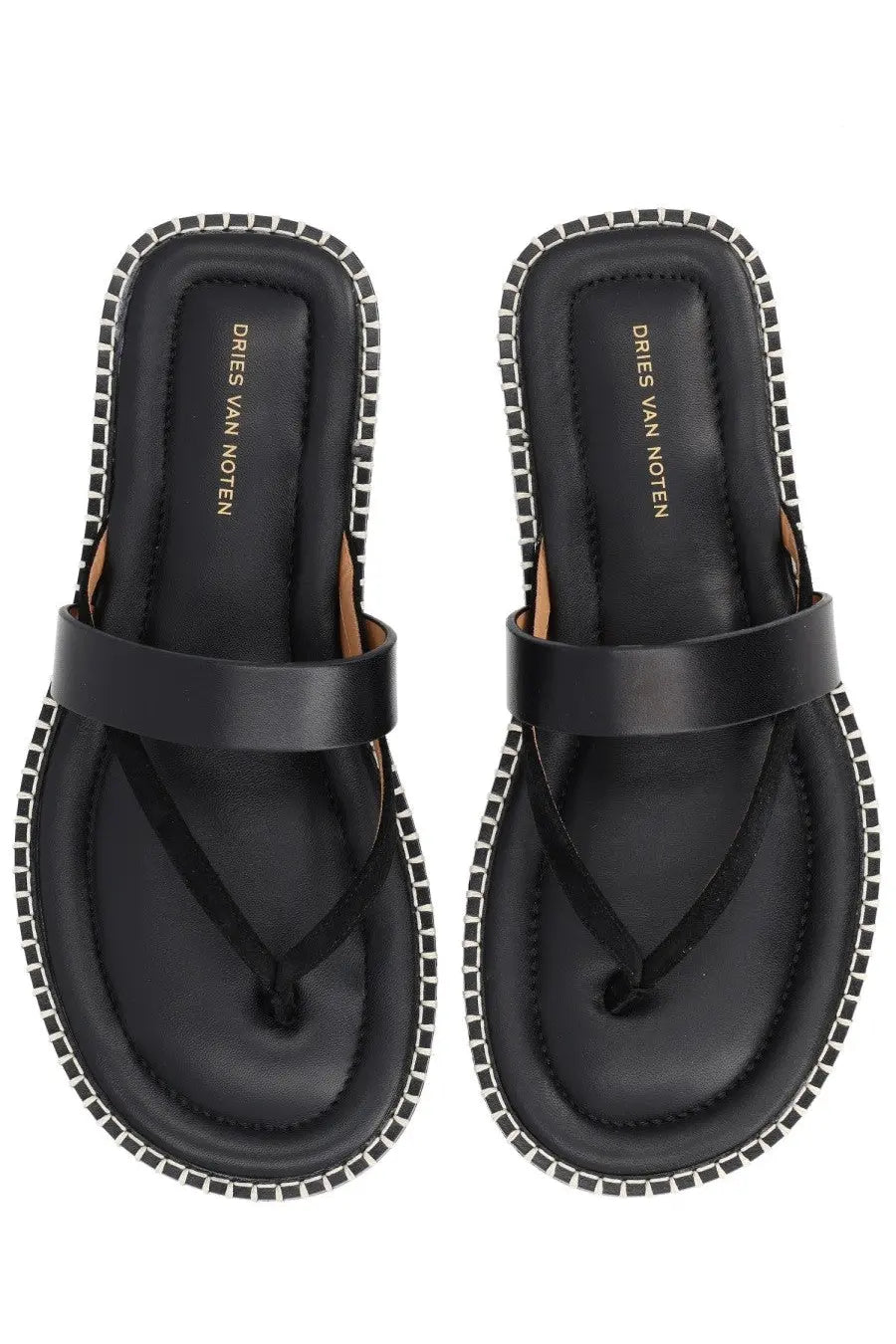 Black leather thong sandals with white stitched edge and dries van noten embossed insole for men