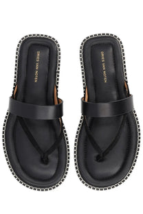 Black leather thong sandals with white stitched edge and dries van noten embossed insole for men