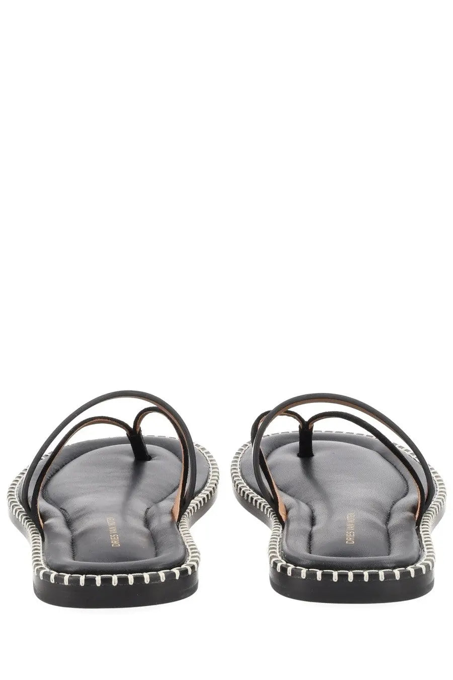Dries van noten men’s black leather thong sandals with white stitched edges and minimalist design