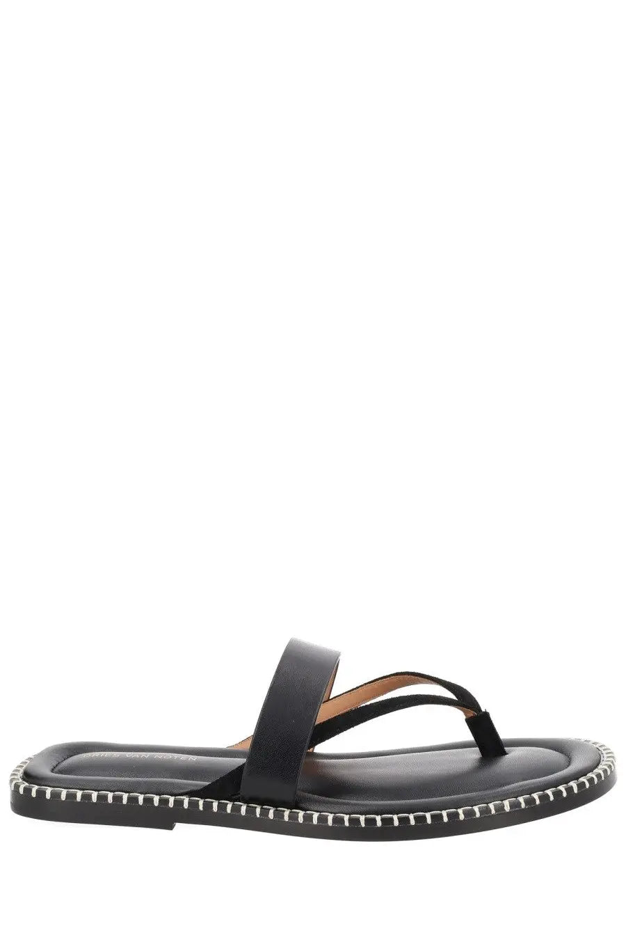 Dries Van Noten men’s black leather thong sandal with white stitching along the sole for casual wear
