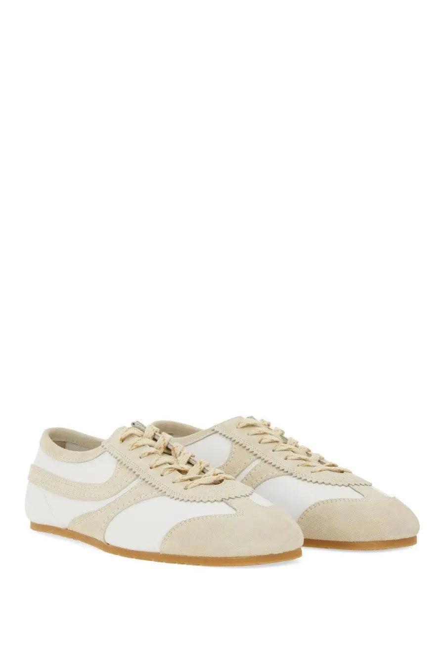 Dries Van Noten men’s leather and suede low-top sneakers in beige and white with a classic retro design