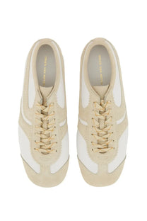 Dries Van Noten men’s leather and suede sneaker in white beige with gold-toned laces and retro design