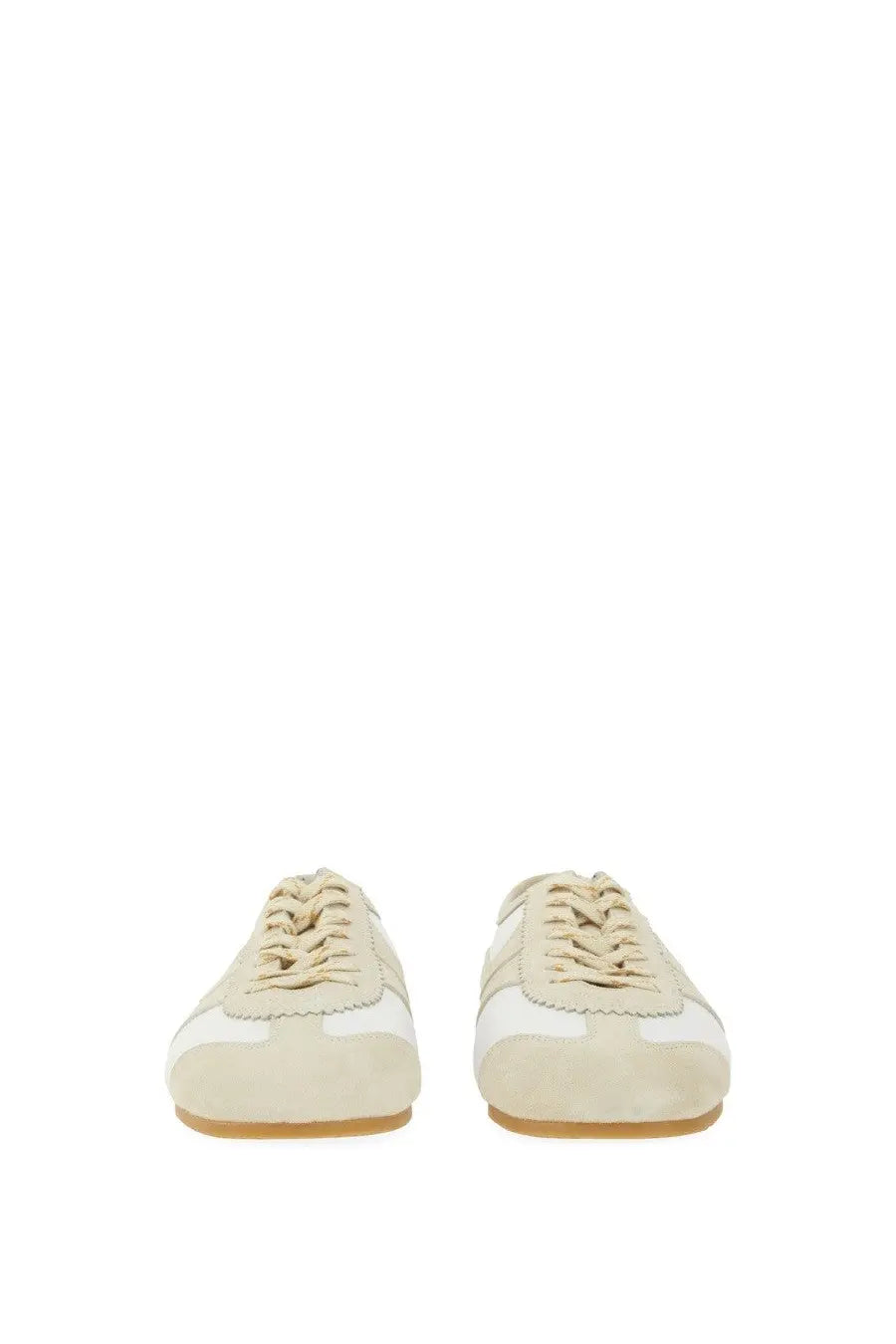 Cream-colored suede and white leather low-top sneakers with beige laces from Dries Van Noten men’s collection