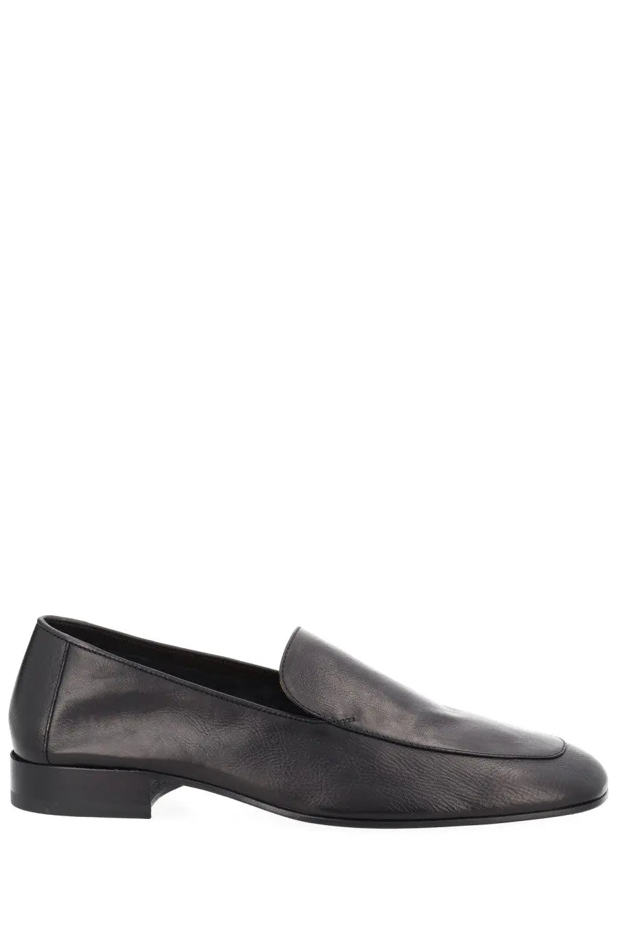Black leather loafer with sleek minimalist design and low block heel from dries van noten mens mocassino in pelle black