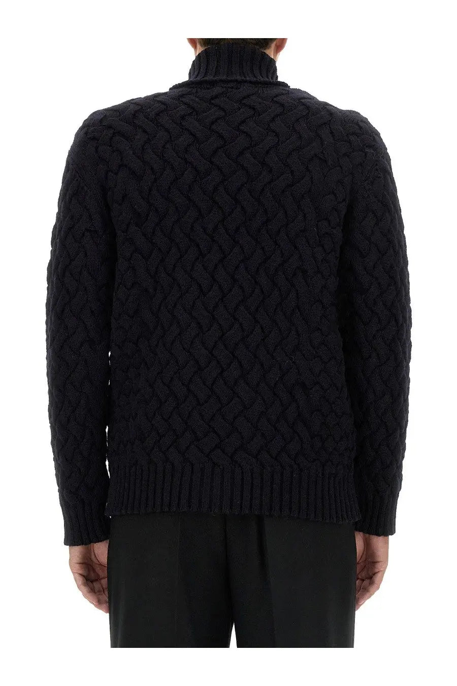 Black cable-knit turtleneck sweater with textured interwoven pattern for Dries Van Noten men’s Monaldo shirt blue