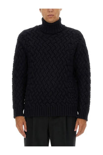 Black turtleneck sweater with textured woven cable knit pattern in dries van noten men’s monaldo shirt blue product image