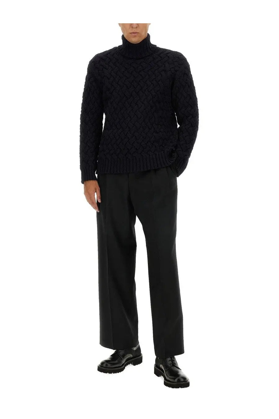 Black turtleneck sweater with textured cable knit pattern featured with dries van noten men’s monaldo shirt blue