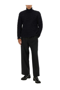 Black turtleneck sweater with textured cable knit pattern featured with dries van noten men’s monaldo shirt blue