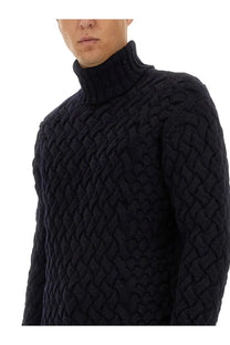 Black turtleneck sweater with textured braided knit pattern featured in dries van noten men’s monaldo shirt blue product