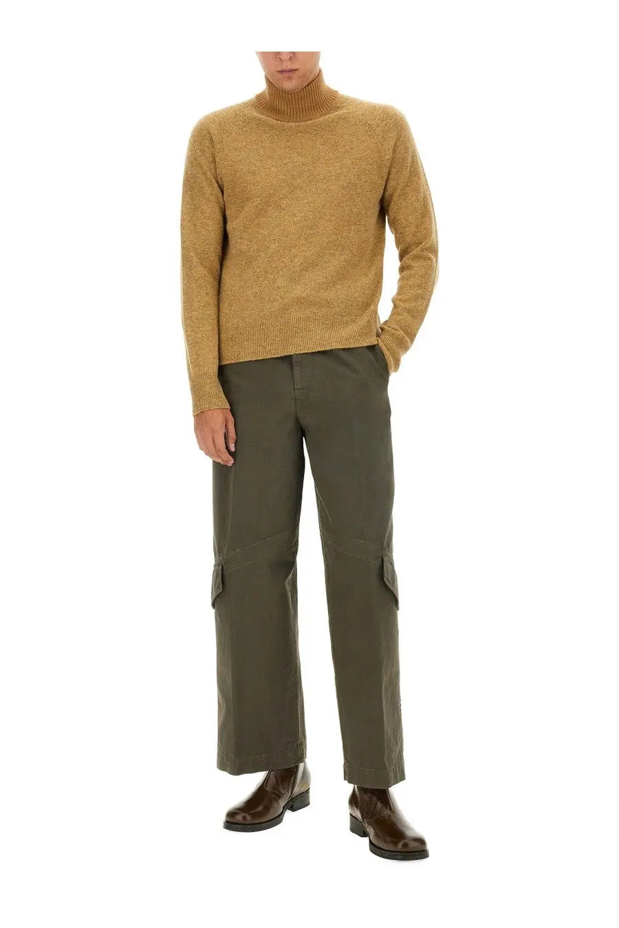 A mustard-yellow textured knit turtleneck sweater featured as dries van noten mens mutated shirt beige product