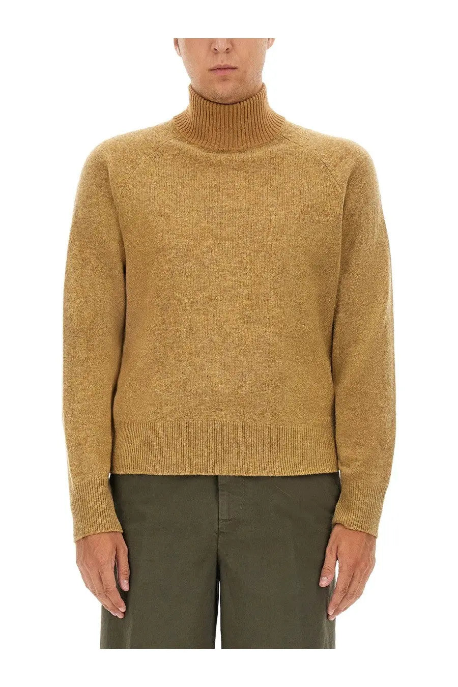 Dries Van Noten men’s mutated shirt beige featuring a warm mustard-yellow turtleneck sweater with textured knit and ribbed cuffs
