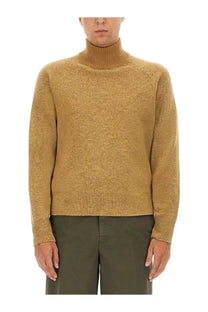 Dries Van Noten men’s mutated shirt beige featuring a warm mustard-yellow turtleneck sweater with textured knit and ribbed cuffs