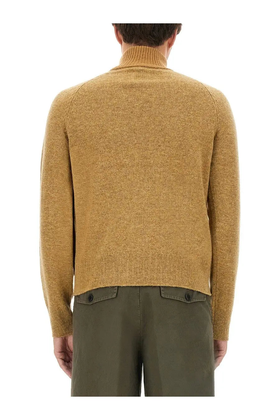 Dries Van Noten men’s mutated shirt beige shown as a warm mustard-yellow turtleneck sweater with ribbed cuffs