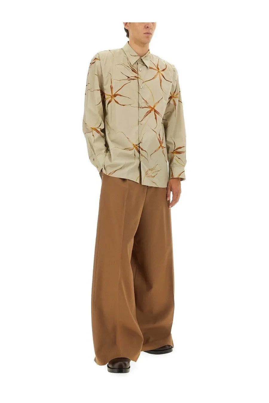 Beige long-sleeved Dries Van Noten shirt with subtle warm brown and orange starburst pattern front view