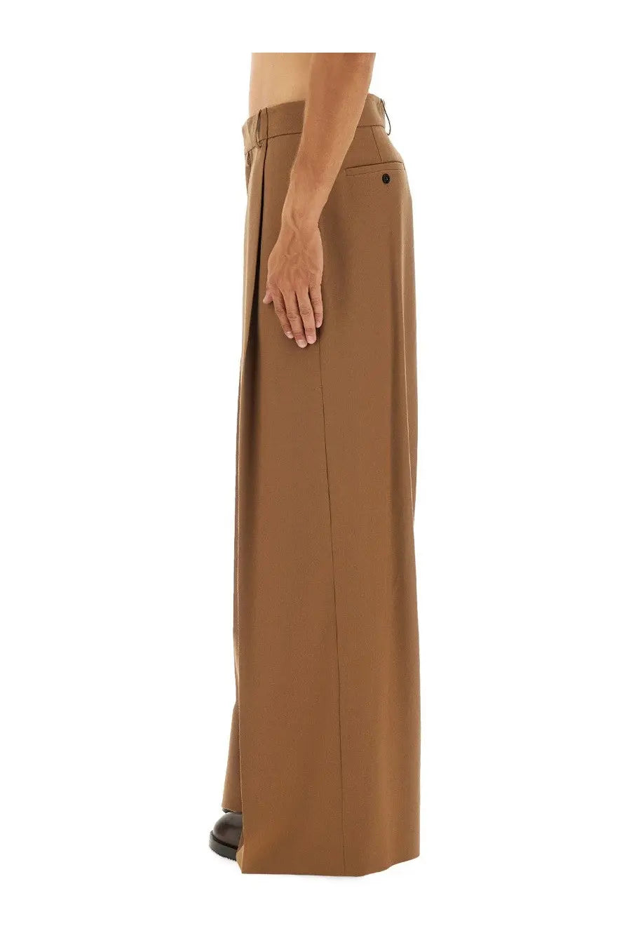 Tan wide-leg trousers with tailored fit and subtle front pleats from dries van noten men’s pants beige collection