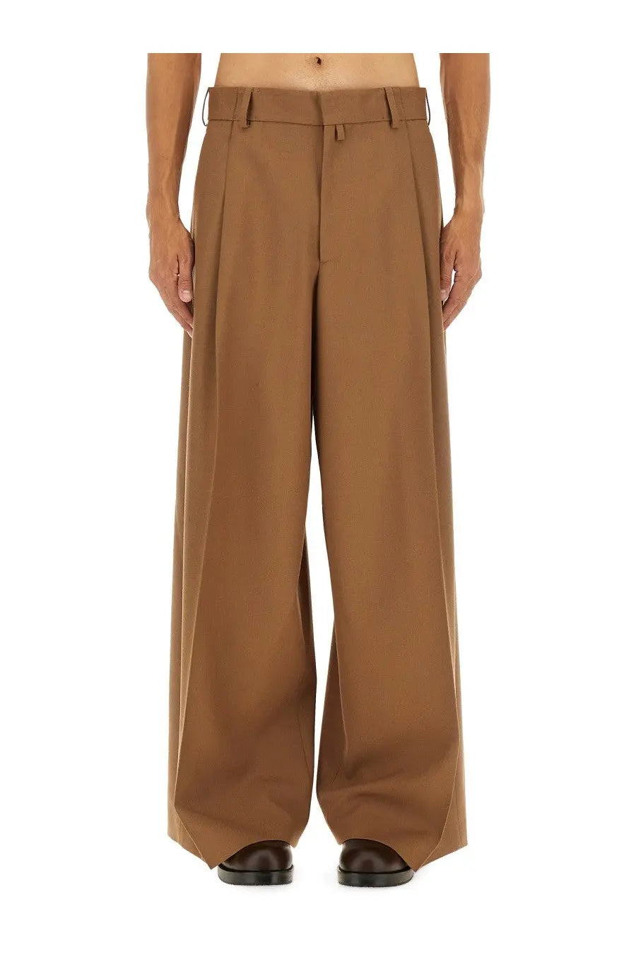 Dries Van Noten men’s beige pants with tan wide-leg, structured pleated front, and belt loops