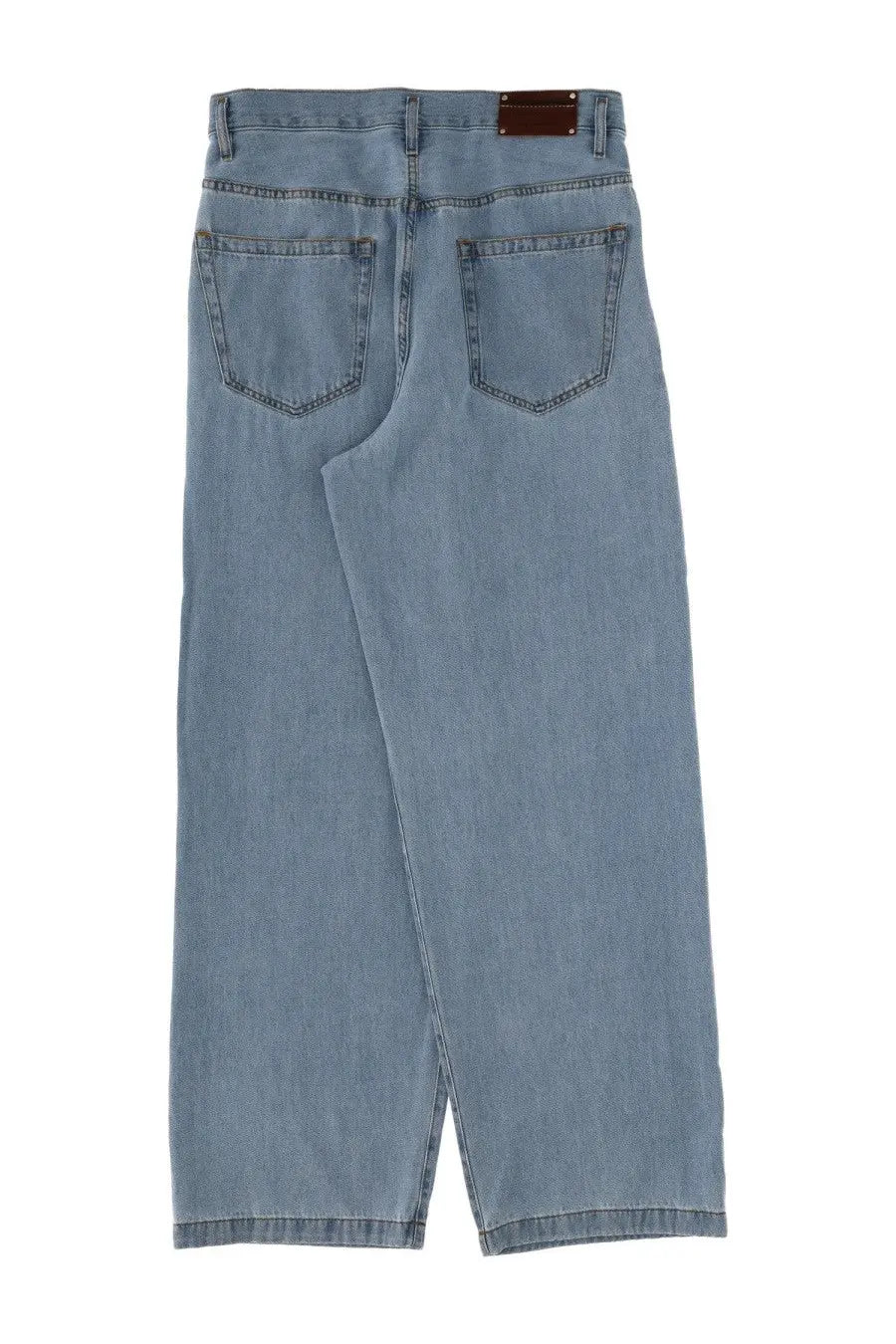 Light-wash denim jeans with wide-leg cut and brown leather brand patch at waistband by Dries Van Noten men blue