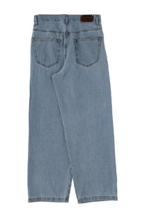 Light-wash denim jeans with wide-leg cut and brown leather brand patch at waistband by Dries Van Noten men blue