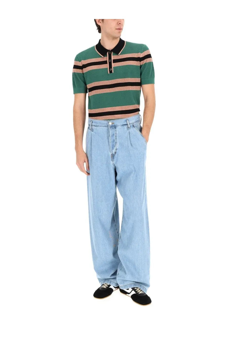 Dries Van Noten men’s perforated mercy stripe polo shirt in green with black stripes and a contrasting dark collar