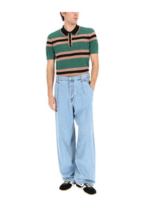 Dries Van Noten men’s perforated mercy stripe polo shirt in green with black stripes and a contrasting dark collar