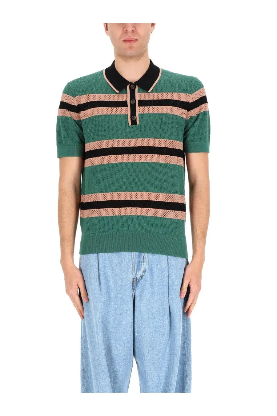Dries Van Noten men’s green and black striped perforated mercy polo shirt with textured knit fabric