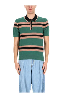 Dries Van Noten men’s green and black striped perforated mercy polo shirt with textured knit fabric
