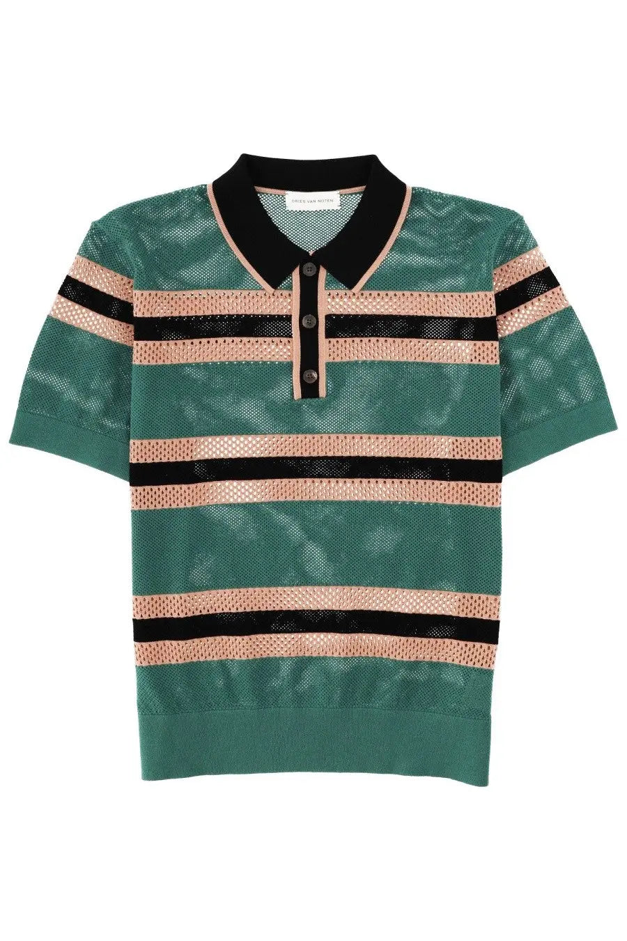 Dries Van Noten men’s perforated mercy stripe polo shirt in green features a green and black knit mesh with peach stripes