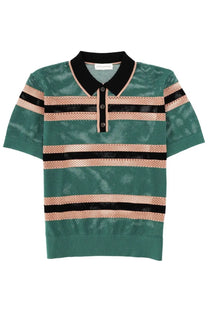 Dries Van Noten men’s perforated mercy stripe polo shirt in green features a green and black knit mesh with peach stripes