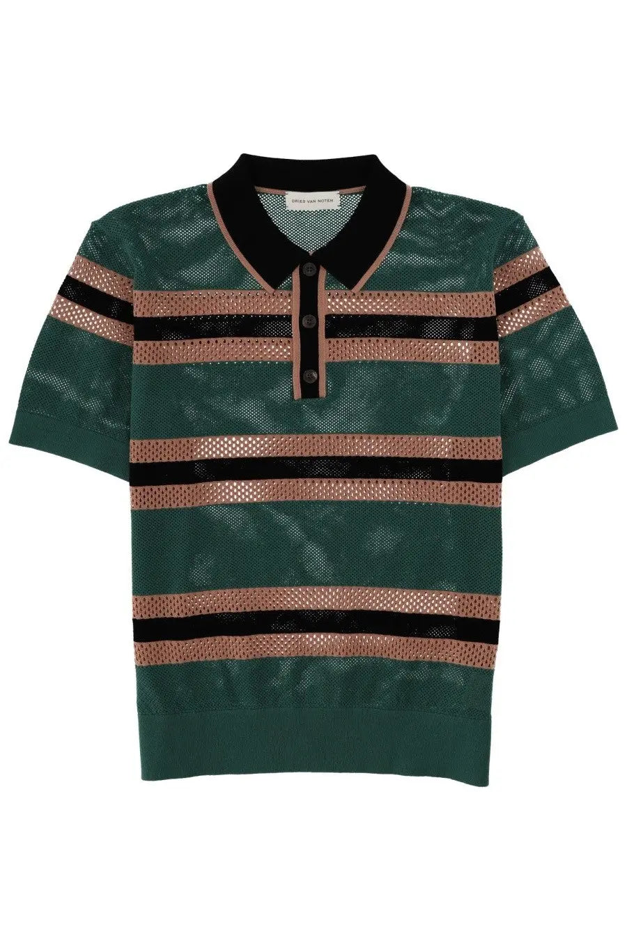 Dries Van Noten men’s perforated mercy stripe polo shirt in green with black stripes and rose gold accents in mesh knit