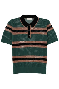 Dries Van Noten men’s perforated mercy stripe polo shirt in green with black stripes and rose gold accents in mesh knit