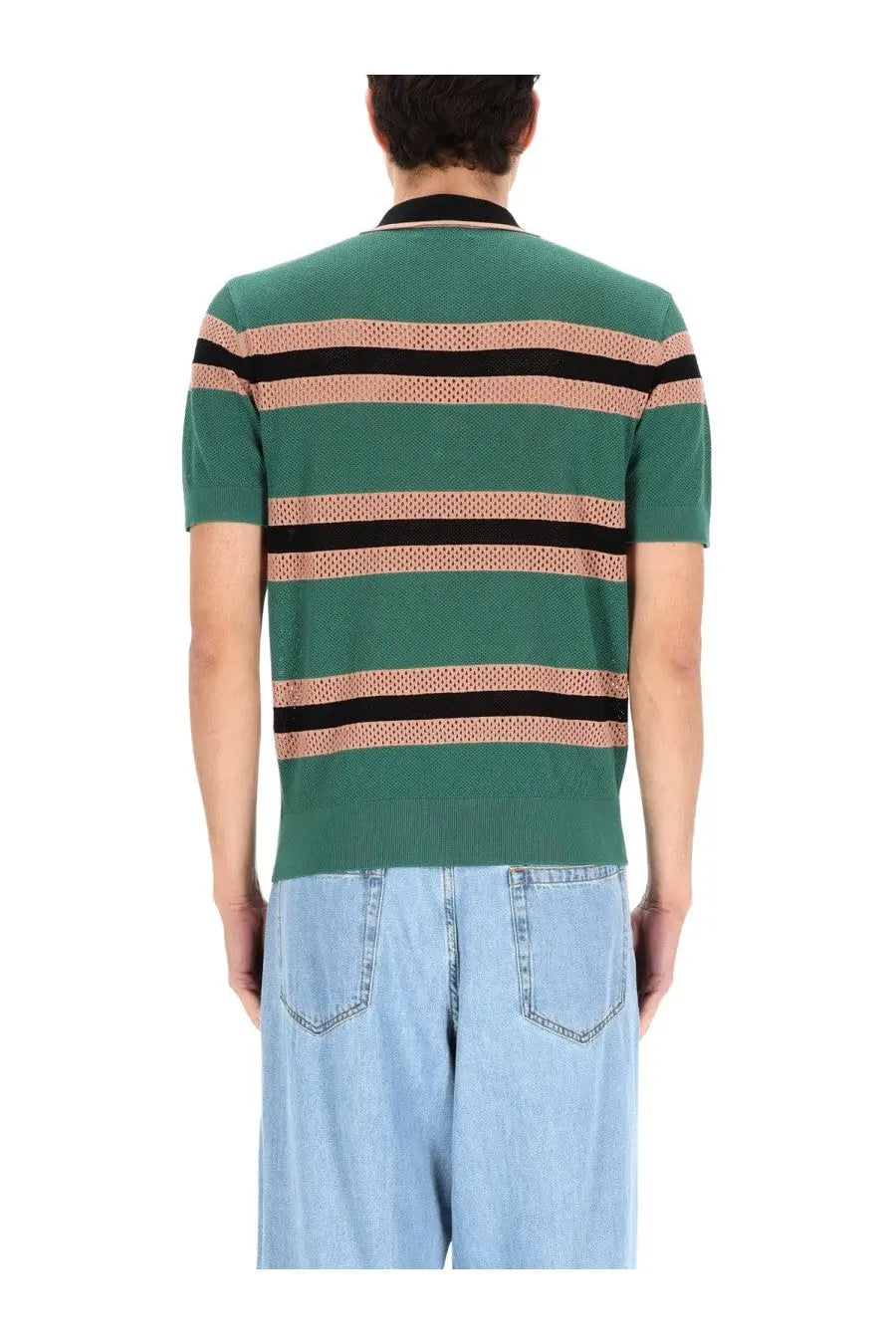 Dries Van Noten men’s green and black striped knit polo shirt with perforated textured mesh-like pattern stripes