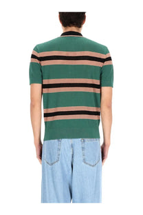 Dries Van Noten men’s green and black striped knit polo shirt with perforated textured mesh-like pattern stripes