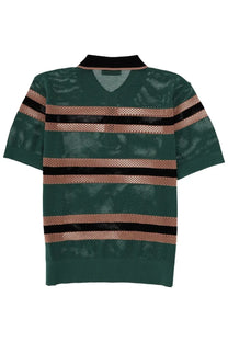 Dries Van Noten men’s perforated green mesh polo shirt with black and rose gold horizontal stripes
