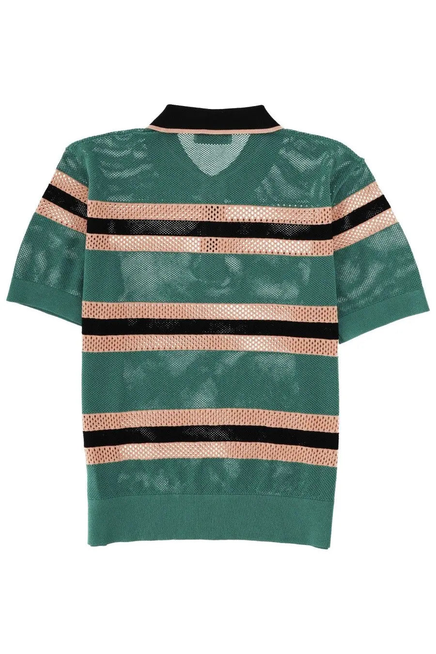Green perforated mesh Dries Van Noten men’s polo shirt with black and beige horizontal stripes