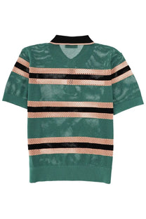 Green perforated mesh Dries Van Noten men’s polo shirt with black and beige horizontal stripes