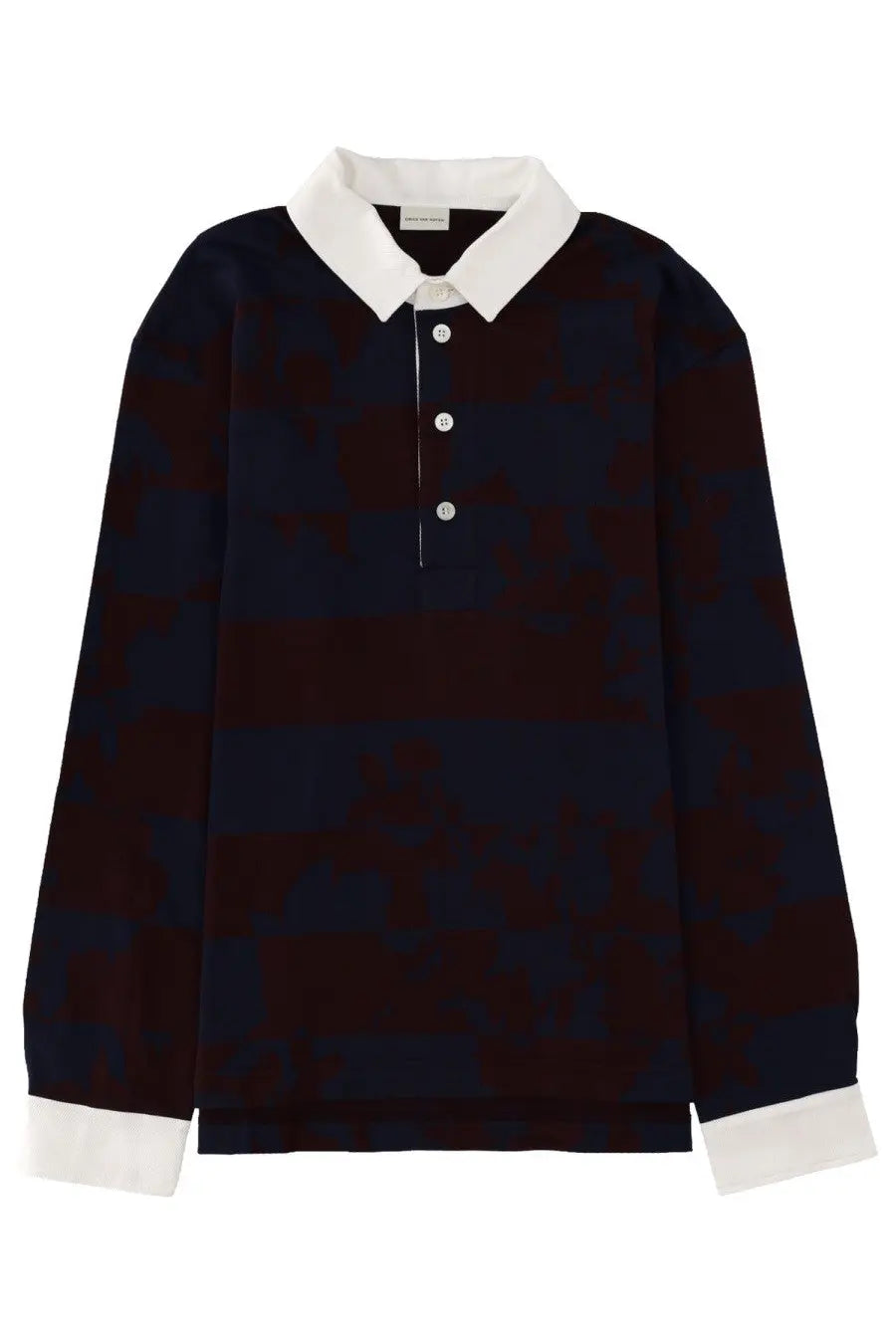 Dries Van Noten men’s polo Hucho multicolor dark navy and maroon striped rugby shirt with white collar and cuffs