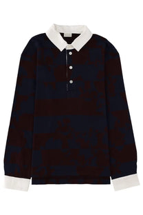 Dries Van Noten men’s polo Hucho multicolor dark navy and maroon striped rugby shirt with white collar and cuffs