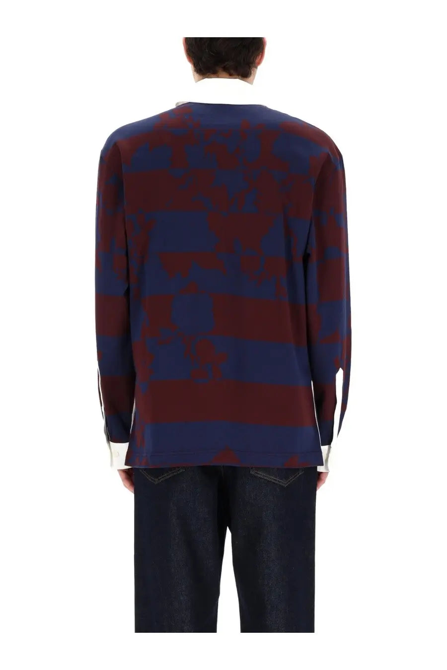 Dries van noten men’s polo hugo multicolor rugby shirt with long sleeves bold navy blue and maroon stripes with abstract pattern