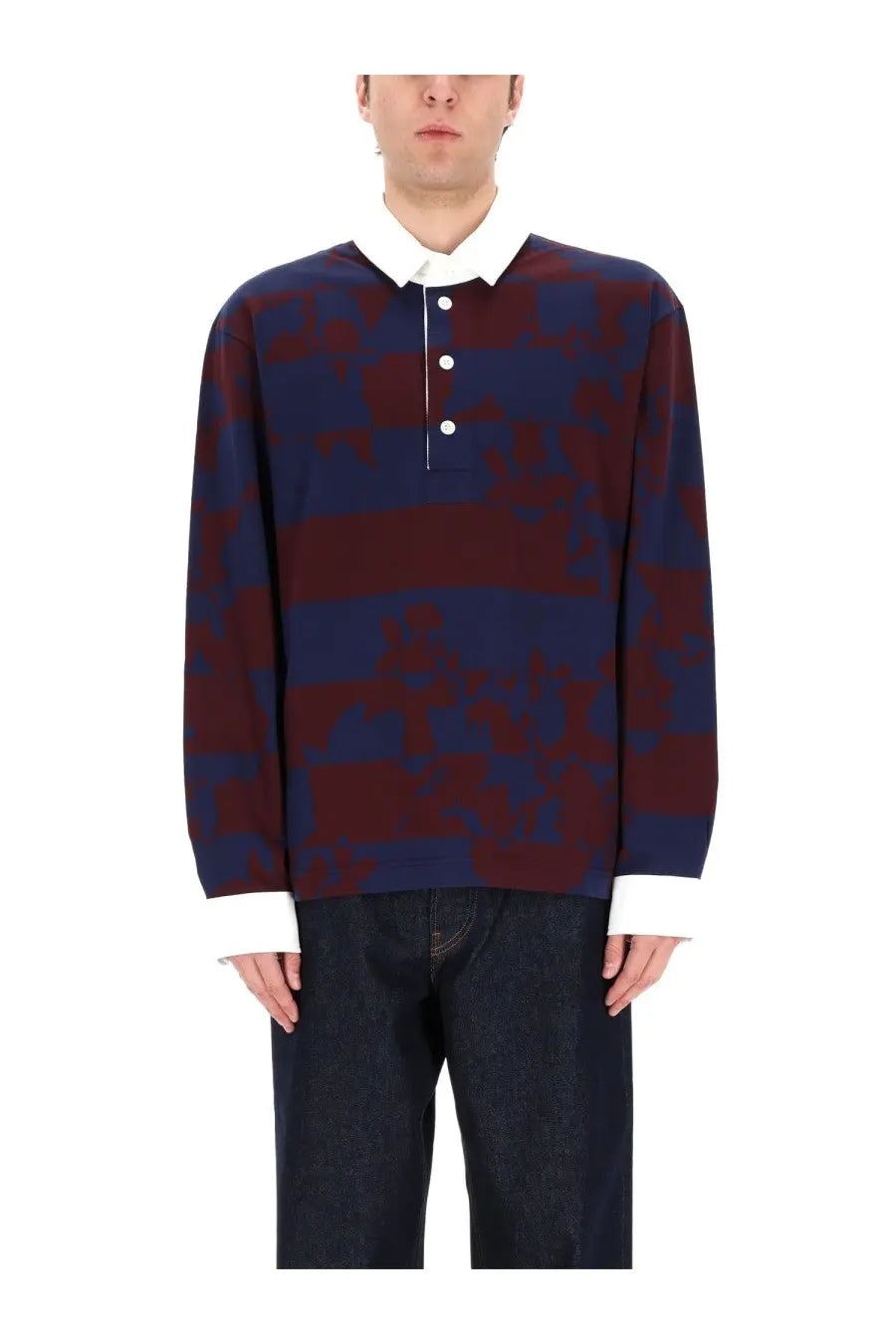 Dries Van Noten men’s long-sleeved polo shirt in navy and maroon camouflage with white collar and cuffs