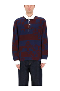Dries Van Noten men’s long-sleeved polo shirt in navy and maroon camouflage with white collar and cuffs
