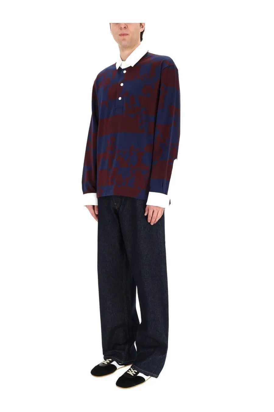 Dries van noten men’s polo hugo long-sleeved shirt in navy and maroon pattern with white collar and cuffs