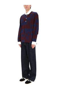 Dries van noten men’s polo hugo long-sleeved shirt in navy and maroon pattern with white collar and cuffs