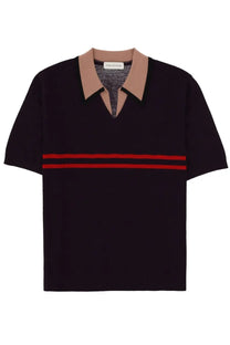 Dries Van Noten men’s polo molar purple black short-sleeved shirt with tan collar and red chest stripes