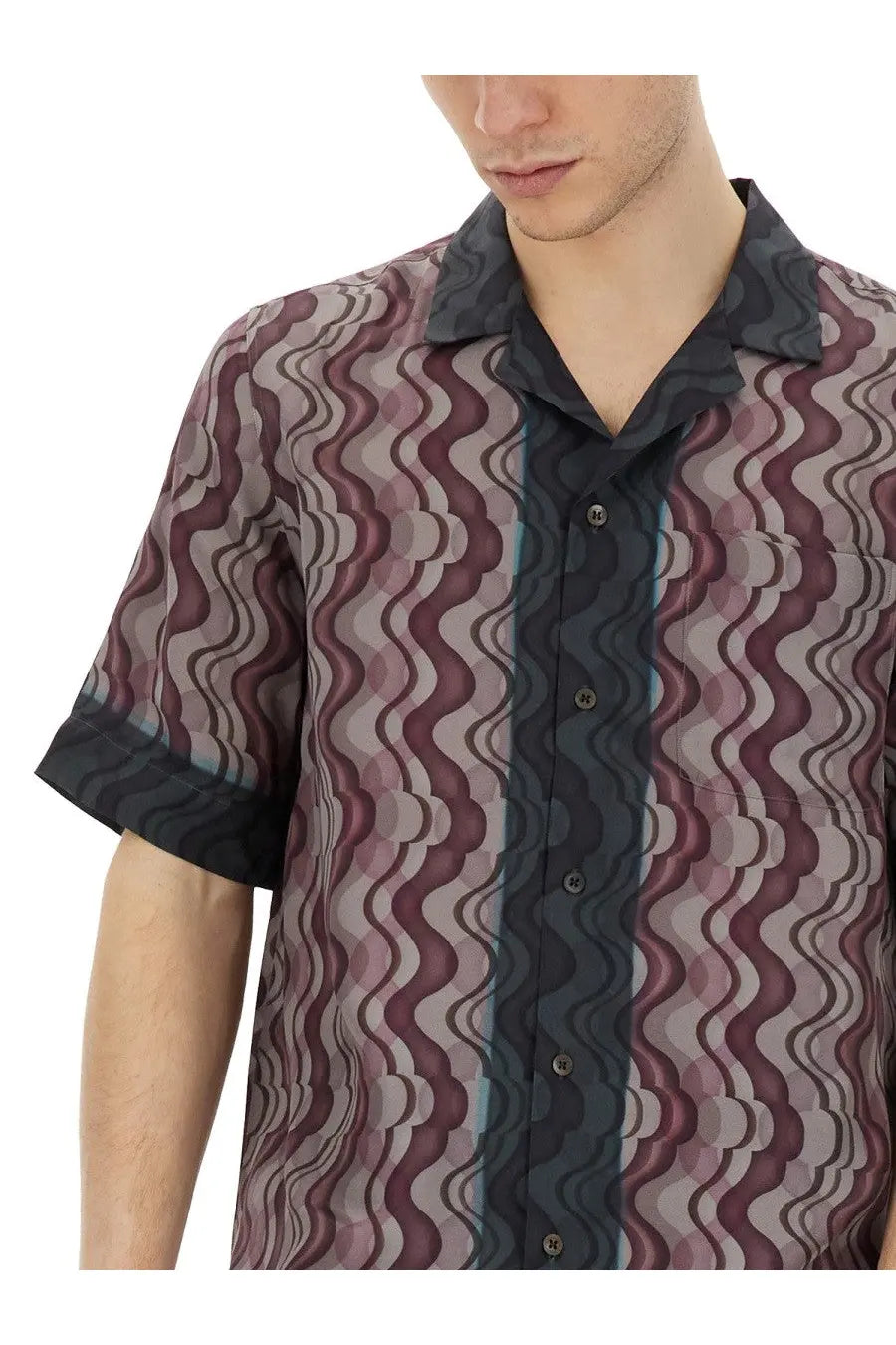 Dries Van Noten men’s short-sleeved button-up shirt with bold mauve gray wavy pattern and black collar cuffs trim